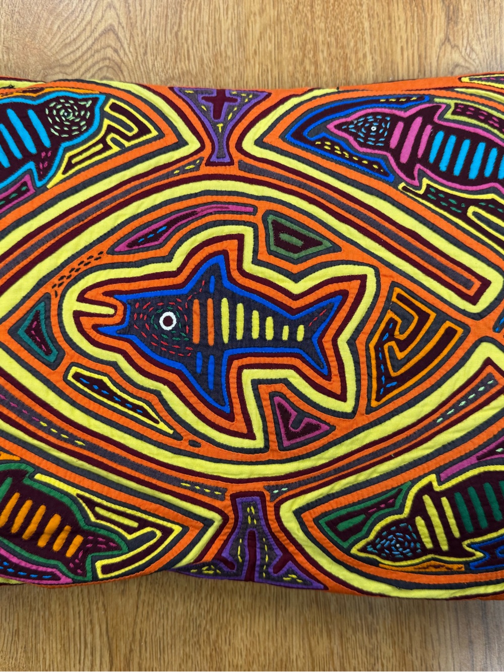 Mola Pillow: Vibrant Multicolor Panamanian FolkArt pillow- Orange & Blue Accent